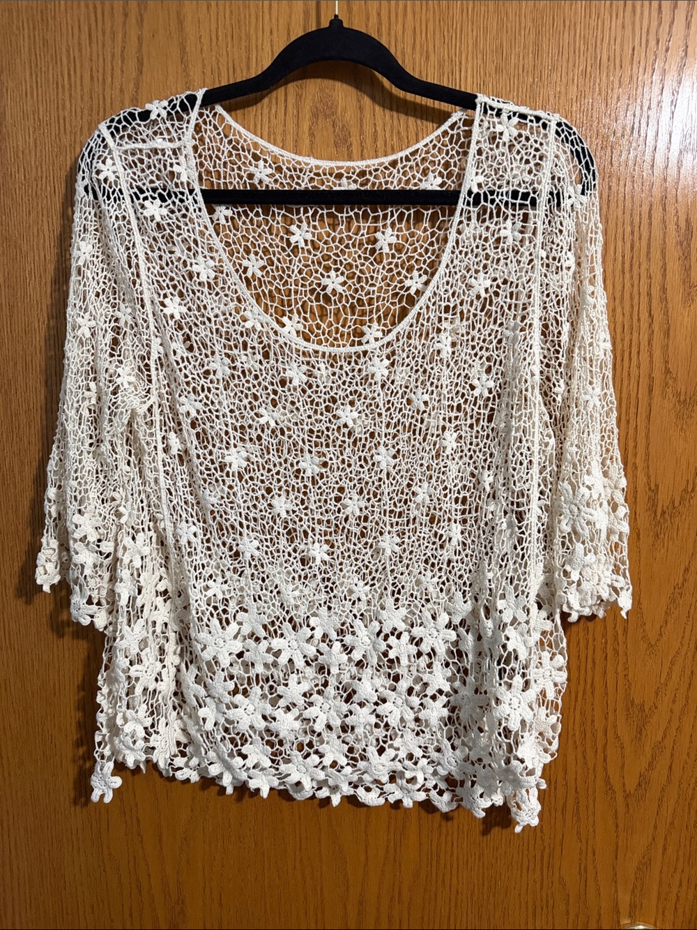 Open-Weave Floral Crochet Tunic Top in Cream